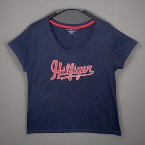 Tommy Hilfiger Womens XL Sleepwear Tee Navy Red Script Logo Pajama Top Lounge